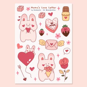 Folha de adesivos de carta de amor da Momo | Decalques de vinil fofos para laptop e garrafa de água | À prova d'água e lavável na máquina de lavar louça | Folha de adesivos de amor