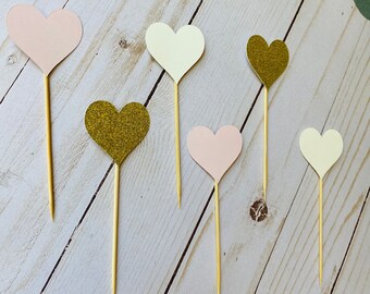 Gold Glitter Heart Cupcake Toppers | Blush & Ivory Set