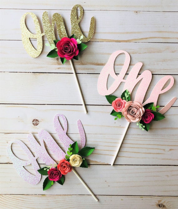 ONE Floral Cake Topper Glitter cake topper First birthday | Etsy