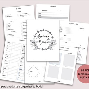 May include: A collection of printable wedding planning pages. The central page features the text "Agenda de Boda" within a floral wreath. Other pages include checklists, budget sheets, and vendor information. The pages are 8.5" x 11" in size.