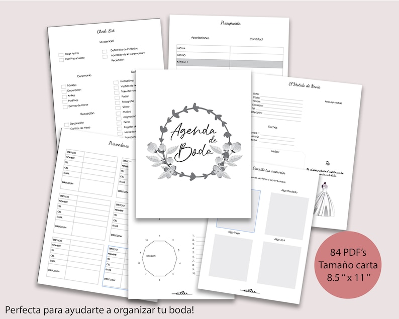 May include: A collection of printable wedding planning pages. The central page features the text "Agenda de Boda" within a floral wreath. Other pages include checklists, budget sheets, and vendor information. The pages are 8.5" x 11" in size.