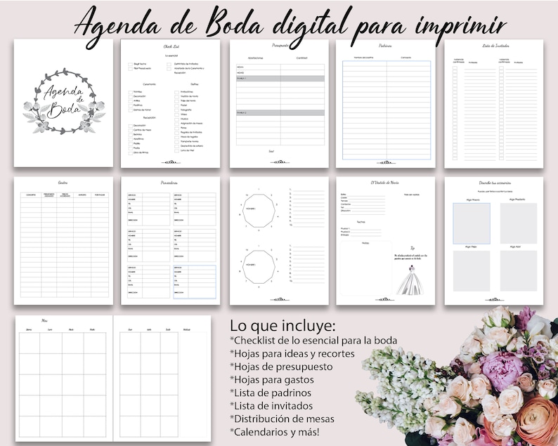 May include: A digital wedding planner with various printable pages. The planner includes checklists, budget sheets, guest lists, seating charts, and calendars. The cover features the text "Agenda de Boda" within a floral wreath. The planner is designed for wedding planning.