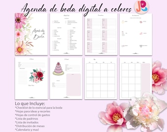May include: A digital wedding planner with a pink floral design. The planner includes checklists, budget trackers, and a calendar. The text on the cover reads "Agenda de boda digital a colores".
