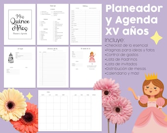 May include: A planner and agenda for a quinceañera, featuring a checklist, pages for ideas and photos, a budget tracker, a guest list, a seating chart, and a calendar. The cover features a cartoon princess with a crown and a pink dress.