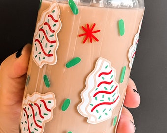 Christmas Tree Snack Cake Iced Coffee Glass, Little Christmas Tree Snack Cup, Xmas, Beer Glass Mug, Christmas Gifts, Sprinkle Cookie Cup