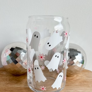 Cute Ghost Floral Iced Coffee Glass Cup | Trendy Retro Vibes | Halloween Ghost Cup | Iced Coffee Cup | Spooky Season Ghost Glass Cup | Gift