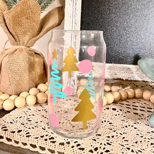 Boho Christmas Tree Pink Beer Can Glass, Xmas Glass, Christmas Iced Coffee Glass, Glass, Merry Christmas Retro, Pastel Trees, Gift