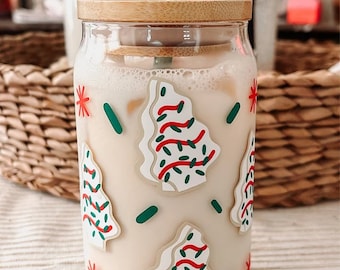 Christmas Tree Snack Cake Iced Coffee Glass, Little Christmas Tree Snack Cup, Xmas, Beer Glass Mug, Christmas Gifts, Sprinkle Cookie Cup