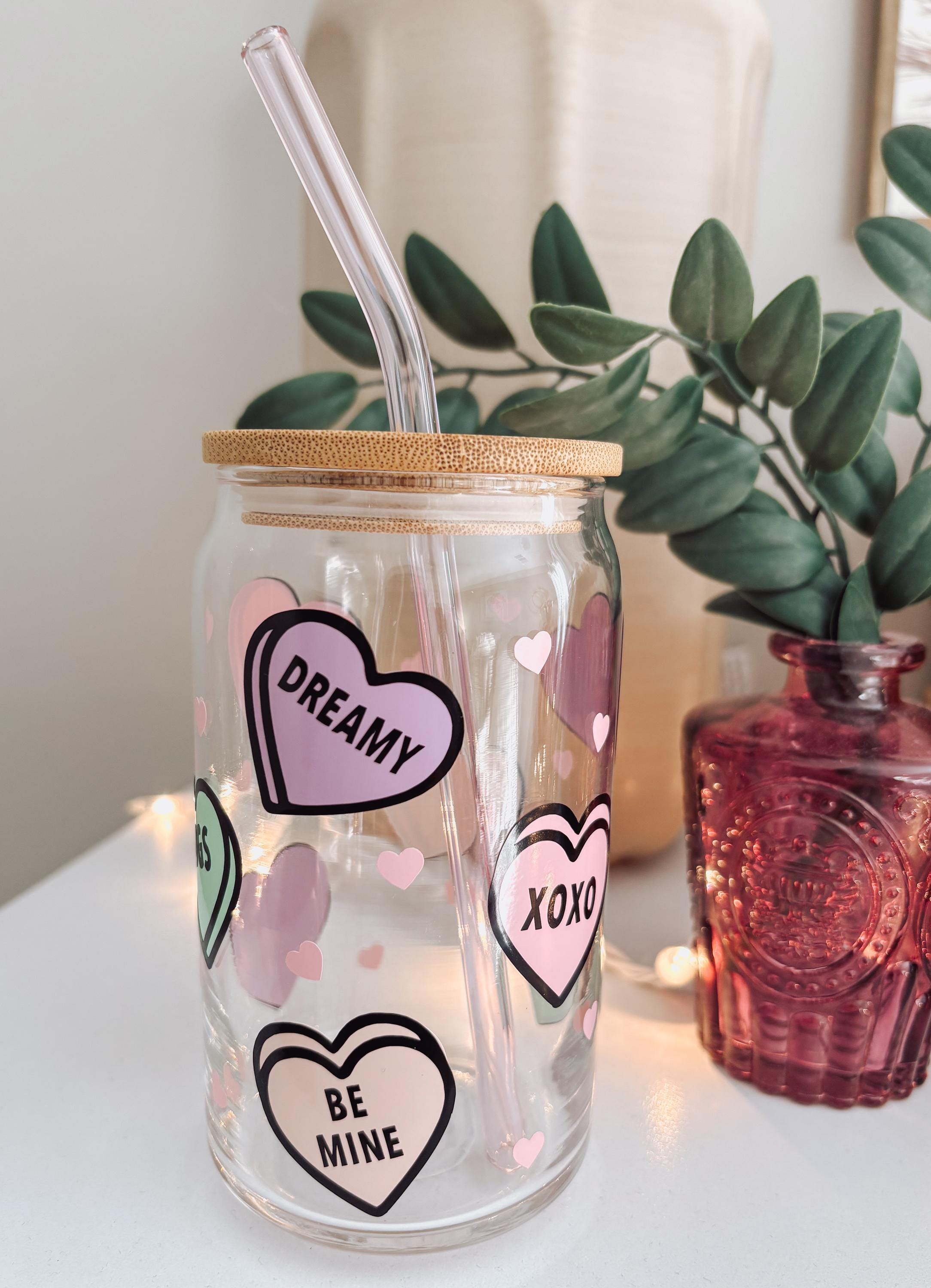 Pastel Colored Valentine’s Day Candy Heart Iced Coffee Glass, Valentine Glass, Gift for her, Conversation Hearts, Beer Can, Coffee Aesthetic