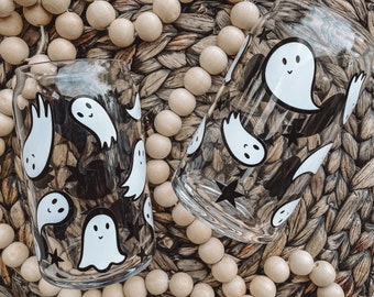 Ghost Soda Can Glass, Halloween Glass, Halloween Ghosts, Halloween Ghosties, Beer Glass Cans, Halloween Glass, Halloween Beer Glass Coffee