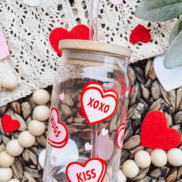 Valentine’s Day Candy Heart Iced Coffee Glass, Valentine Glass, Gift for her, Conversation Hearts, Beer Cans, Coffee Aesthetic Glass, Pink