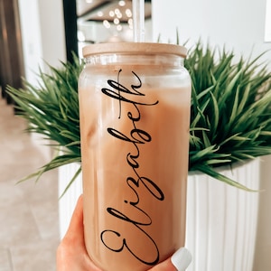 Personalized Iced Coffee Cup, 20oz Glass Cup, Custom Beer Can Glass with Lid and Straw, Bridesmaid Gift, Bridesmaid Proposal, Teacher