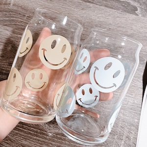 Smiley Face Retro Happy Glass, Aesthetic Glass, Iced Coffee Glass, Smiley Cup, Coffee Minimalist Glass, happy face Cup, Gift, Trendy