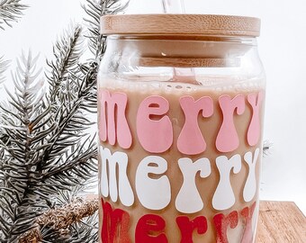 Merry Christmas Pink Retro Iced Coffee Glass, Christmas Glass, Gift for Her, Xmas Coffee Glass, Aesthetic, Pinkmas, Trending