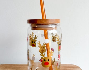 Christmas Reindeer Rudolph Coffee Can Glass, Christmas Cup, Iced Coffee Glass, Aesthetic, Glass Cans, Christmas Snack, Merry Xmas, Gift