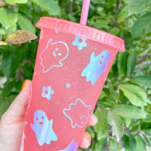 Pink Spooky Glitter Retro Ghost Venti Cold Cup | Halloween Cup | Ghost Gift | Halloween Flower Cup | Halloween Coffee Cup | Iced Coffee Cup
