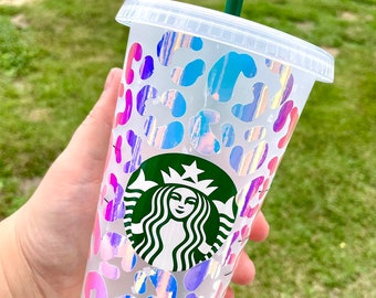 Leopard Circle Starbucks Coffee Reusable Venti Cup Holographic | Leopard Starbucks Tumbler | Personalized Cup | Gift | Cheetah Starbucks Cup