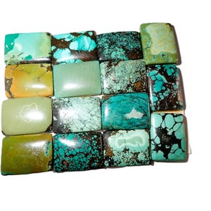 May include: A collection of fifteen rectangular turquoise cabochons arranged in a grid. Each stone displays unique natural variations in color, ranging from pale mint green and olive to vibrant teal, featuring intricate dark brown and black matrix patterns.