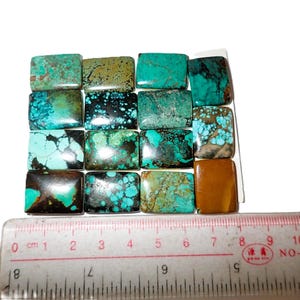 May include: A collection of sixteen rectangular turquoise cabochons arranged in a four-by-four grid, displaying various shades of blue, green, and brown with unique matrix patterns, positioned above a clear plastic ruler measuring up to 11 cm.
