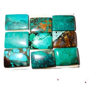May include: A collection of nine rectangular turquoise cabochons arranged in a grid. Each stone features a polished surface with unique natural matrix patterns in shades of bright blue, deep green, dark brown, and black, showcasing varied mineral inclusions.