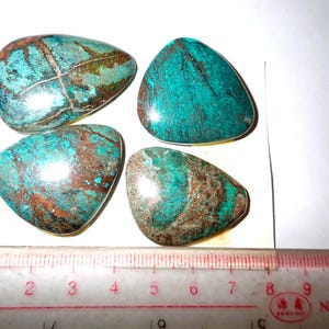May include: Four polished turquoise cabochons with brown matrix veining, arranged above a clear plastic ruler showing measurements in centimeters. The stones feature vibrant teal and blue hues with dark brown patterns across their smooth surfaces.
