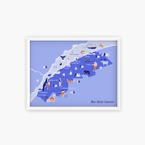 Affiche, Carte illustrée du Bas-Saint-Laurent (Canada), Poster 8x10po / A4, Souvenir du Québec