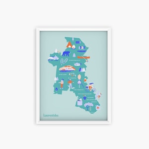 Affiche, Carte des Laurentides (Quebec, Canada), Poster 8x10po / A4, Souvenir du Quebec, Illustration Laurentides
