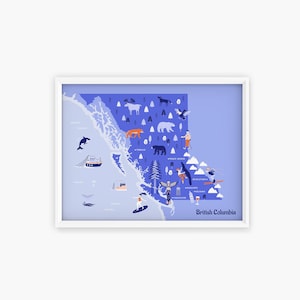 Affiche, Carte illustrée de la Colombie Britannique (Canada), Poster 8x10po / A4, Souvenir du Canada, British Columbia Illustration