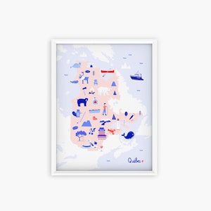 Affiche, Carte illustrée du Québec, Poster 8x10po / A4, Souvenir du Quebec, illustration du Quebec