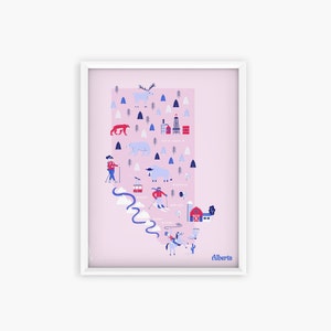 Affiche, Carte illustrée de l'Alberta (Canada), Poster 8x10po / A4, Souvenir du Canada, Illustration Alberta