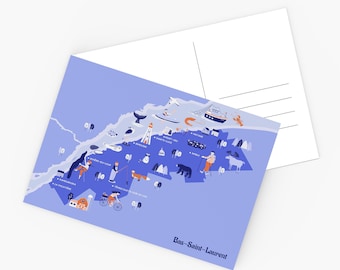 Postcard, Illustrated map of Bas-Saint-Laurent, Souvenir of Quebec, Illustration of Quebec,