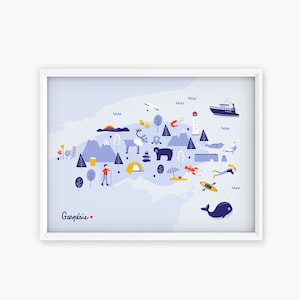 Affiche, Carte illustrée de la Gaspésie (Québec), Poster 8x10po / A4, Souvenir du Québec, Illustration Gaspésie