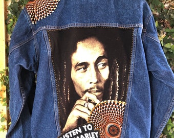 Bob Marley Get Up Stand Up Vintage Wrangler Denim Jacket by Cedella Marley