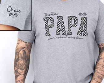 Personalized Race Papa T-Shirt: Custom Grandchildren Racing Names Sleeve