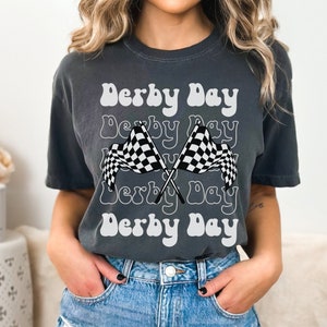 Derby Day Race Day Shirt, Derby Racing Top Women, Mom Derby t-shirt, Derby Racing Season Shirt, Checkered Flag tee, , Retro garment dye tee