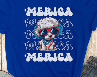 Poodle 'Merica Patriotic T-Shirt, White Poodle 4th of July Top, Miniature Poodle Dog Fourth of July Shirt Red White Blue Cute Poodle Tee
