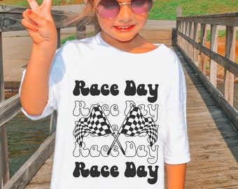 Race Day Youth t-Shirt, Racing Top For Girls and Boys, Kids Race shirt, Racing Season tee, Checkered Flag tee,  Kids Retro Oversize Dye Tee