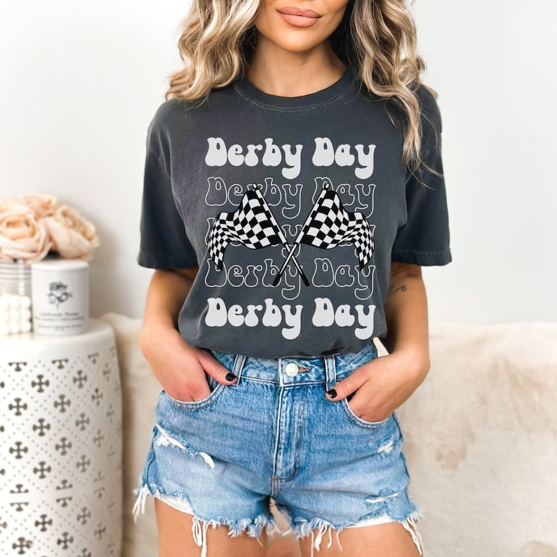 Derby Day Race Day Shirt, Derby Racing Top Women, Mom Derby t-shirt, Derby Racing Season Shirt, Checkered Flag tee, , Retro garment dye tee