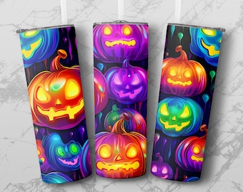 Spooky Halloween Pumpkin Tumbler Wrap, Neon Jack-O-Lantern Tumbler Wrap Pattern, Halloween Pumpkin Sublimation Design, Straight Tapered