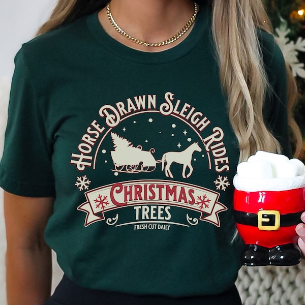 Retro Sleigh Ride Christmas Tree Farm Tshirt Women, Christmas Tree Farm Nostalgic Tee, Romance Christmas Movie  Shirt, Retro Holiday Tee