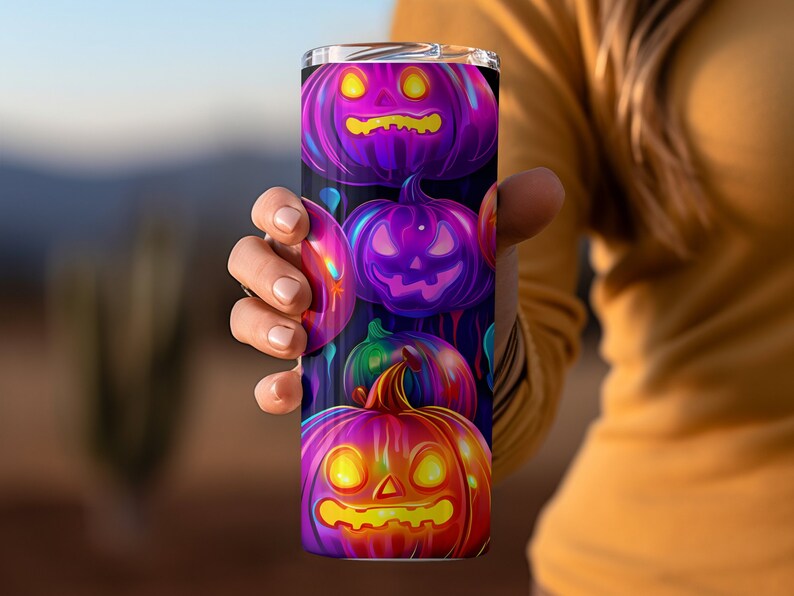 Pu&ograve; includere: Un bicchiere in acciaio inossidabile con un design colorato di zucche luminose su uno sfondo scuro.