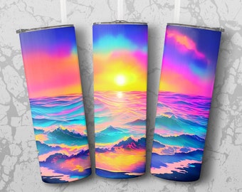 Avvolgimento per bicchiere al tramonto sull'oceano colorato, Avvolgimento per bicchiere al tramonto sull'oceano, Design a sublimazione dell'oceano colorato con colori al neon, File PNG dritto e affusolato