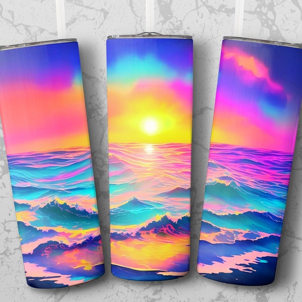 Colorful Ocean Sunset Tumbler Wrap, Ocean Sunset Tumbler Wrap, Neon Colors Colorful Ocean Sublimation Design, Straight and Tapered PNG File