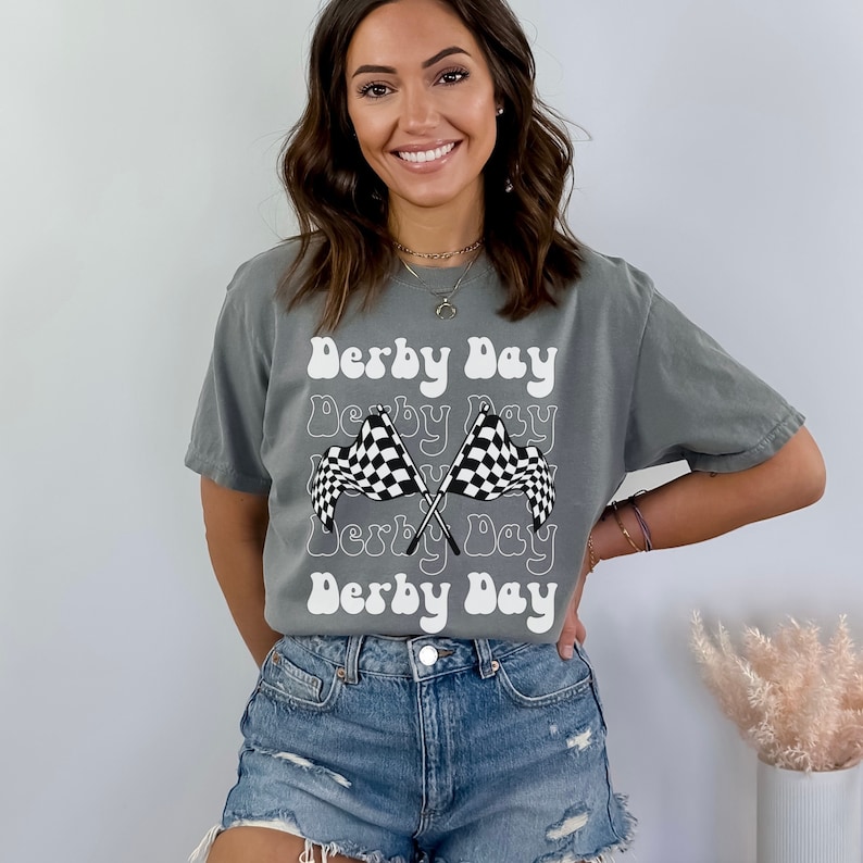 Derby Day Race Day Shirt, Derby Racing Top Women, Mom Derby t-shirt, Derby Racing Season Shirt, Checkered Flag tee, , Retro garment dye tee