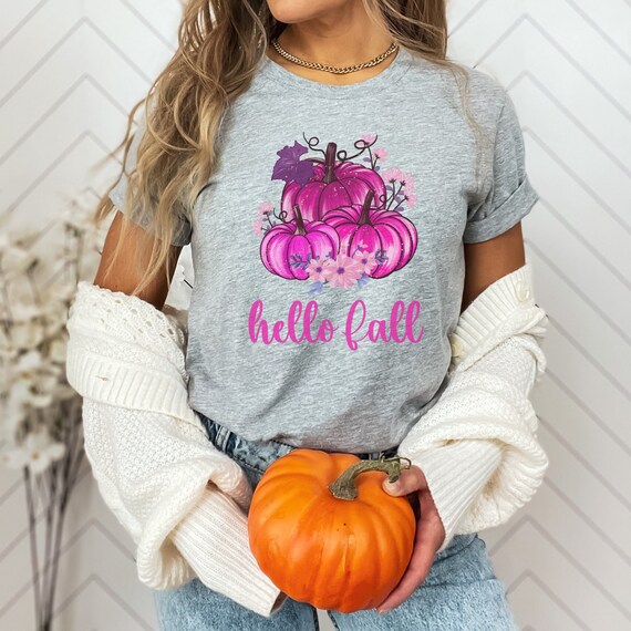 Hello Fall Pumpkin Buffalo Plaid Truck T-Shirt For Women - Casual Short Sleeve Graphic Tee, White, Large