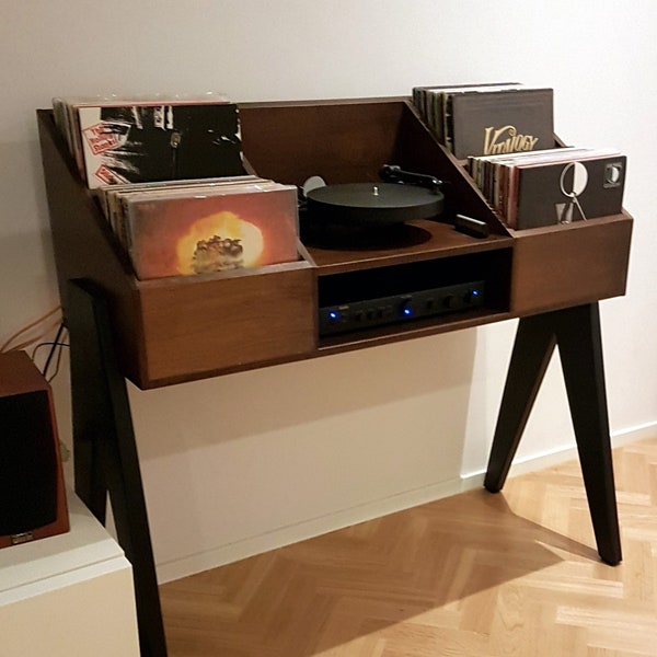 VinylConsole Black - Console vintage pour disques et platines vinyles en hêtre massif