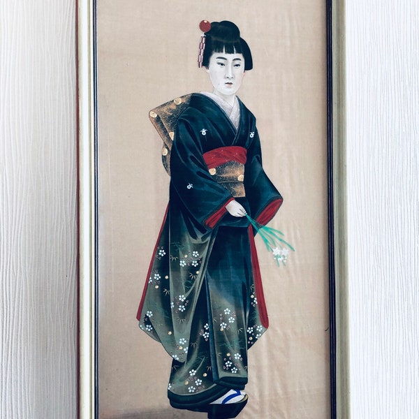 Peinture sur soie japonaise antique Meiji Lady par Geisha Bijin dans un cadre