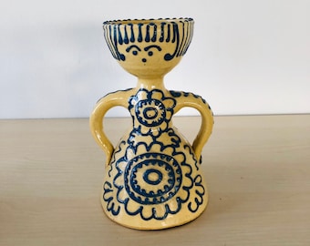 Vintage ceramic candlestick, ceramic figure candlestick beige blue ceramic country house style shabby chic 70s retro mid century