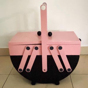 Sewing box, sewing basket, jewelry chest, 60s wooden box, pink, black