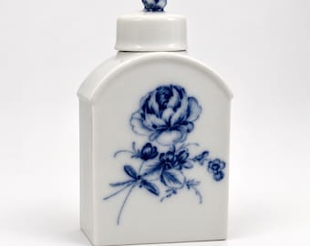 Porcelanowa puszka na herbatę Fürstenberg w stylu vintage – niebieski wzór kwiatowy – puszka z pokrywką i korkiem – 12 cm